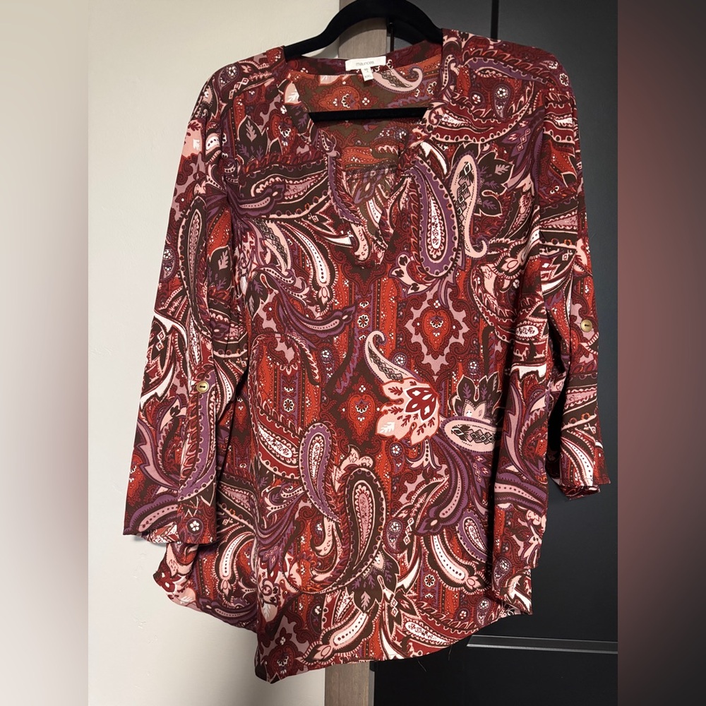 Paisley printed blouse, rust/red/tan colors, Maurice’s brand, size is XXL